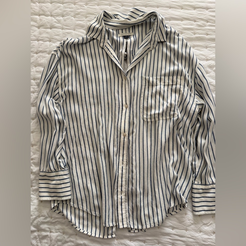 American Eagle Outfitters Navy and White Striped Button Down Shirt